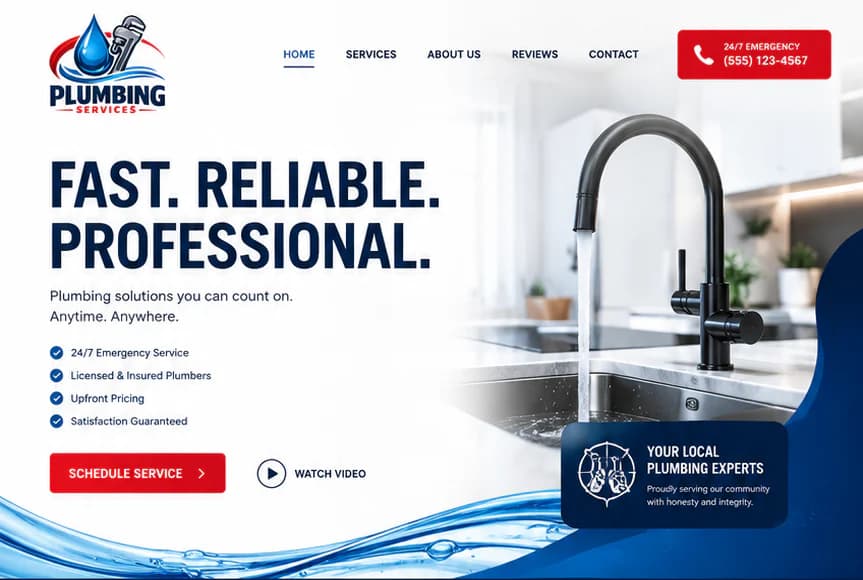 Riverside Plumbing public website showing an emergency plumbing hero and service categories
